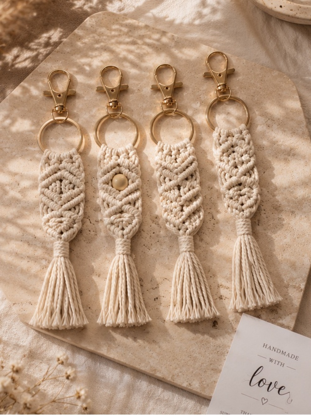 Set of 4 - Handmade Macramé Keychain Set of 4 Boho Tassel Ivory New With Tags